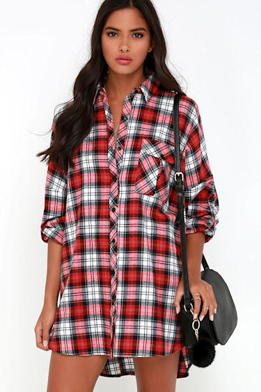 Cute Flannel Dress Red Plaid Dress Shirt Dress Long Sleeve