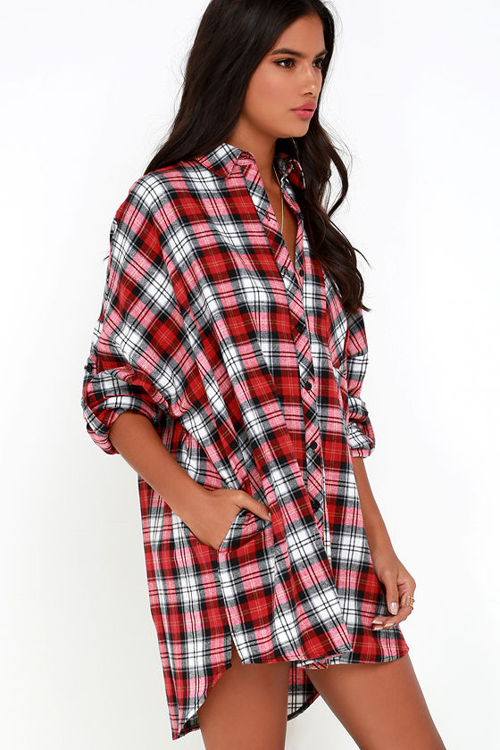 Cute Flannel Dress - Red Plaid Dress - Shirt Dress - Long Sleeve Dress ...