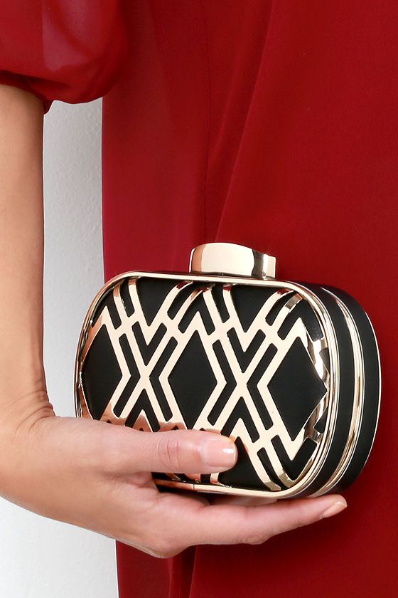 Chic Gold and Black Clutch Structured Clutch 35.00 Lulus