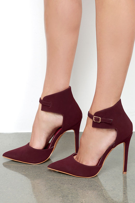 Oohs and Ahhs Burgundy Nubuck Ankle Strap Pumps