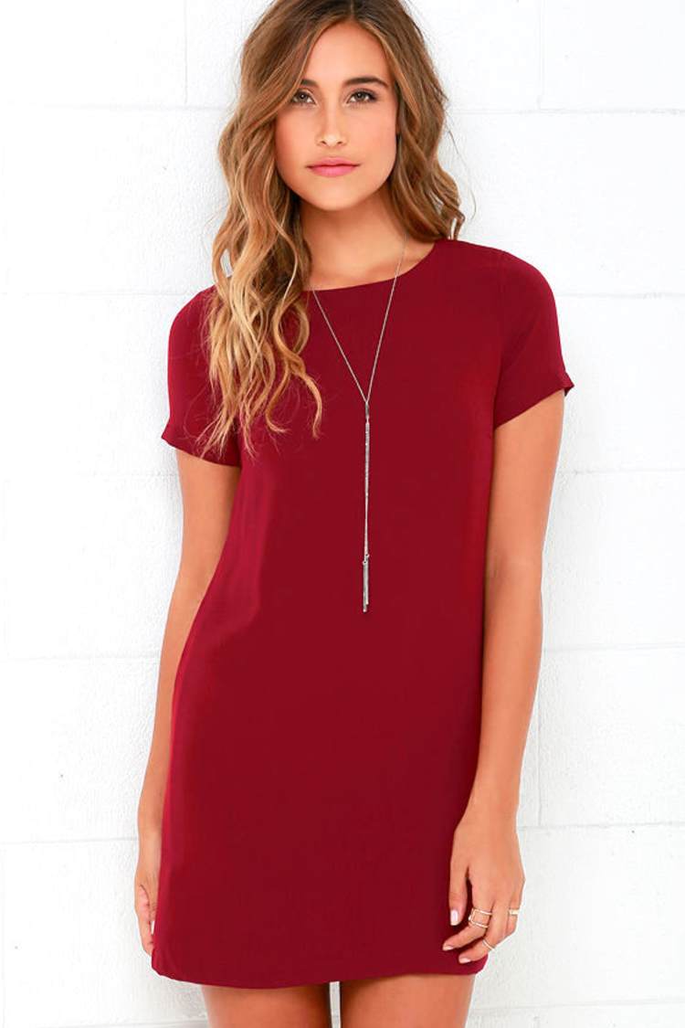 red short sleeve shift dress Lookin' Cute Wine Red Short Sleeve Shift Dress