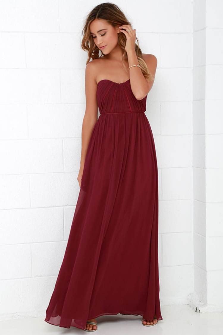 chinese dress ladies Burgundy Strapless Maxi Dress main image 1