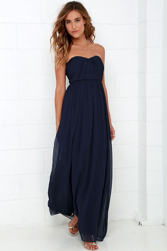 Draw Her In Navy Blue Strapless Maxi Dress