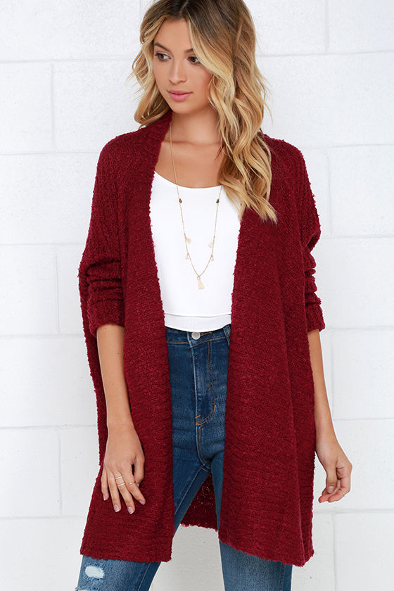 Cozy Wine Red Cardigan Sweater Open Front Sweater 60.00 Lulus