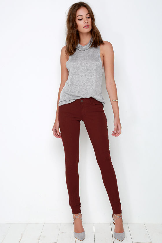 burgundy skinny jeans womens