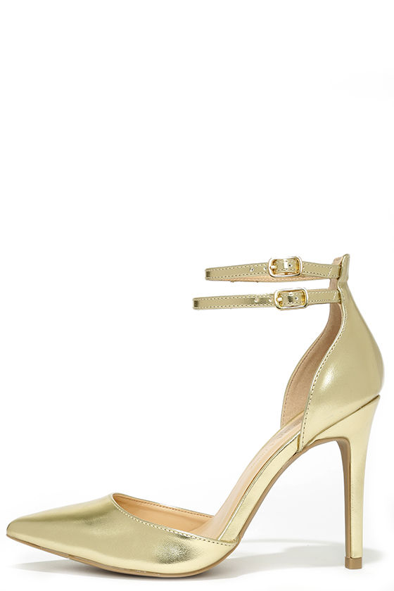 gold pointed heels with ankle strap