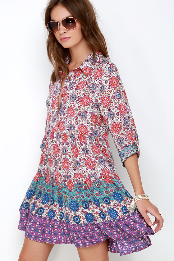 Cute Shirt Dress Purple Print Dress Long Sleeve Dress 37.00