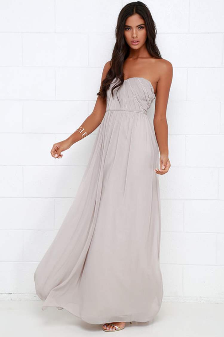 gray strapless maxi dress AKIRA Classic Chic Strapless Maxi Dress
