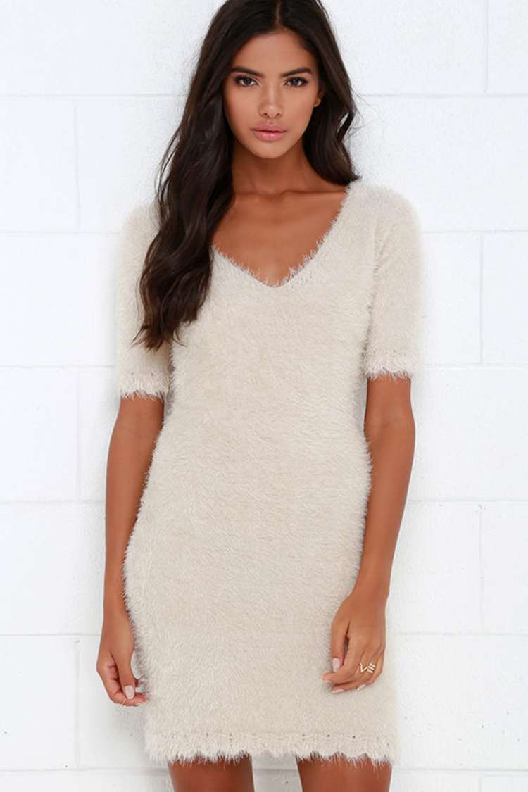 fuzzy bodycon dress Eyelash Knit - Beige Dress - Short Sleeve Dress - $64.00 size:EU 34 Color_Navy Blue Haldi Outfits for Bride: Sequined;Straps