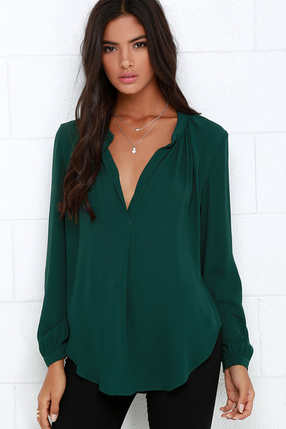 Chic Dark Green Top Long Sleeve Top Deep V Top 44.00 Lulus
