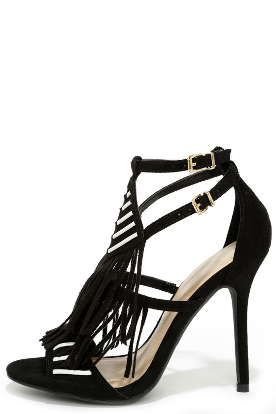 black fringe heels
