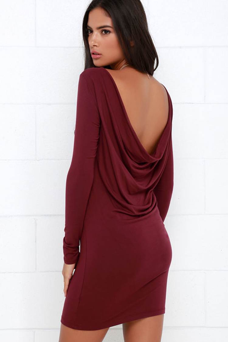 princess polly baby blue dress Sexy Burgundy Dress - Long Sleeve Dress - Backless Dress - $34.00