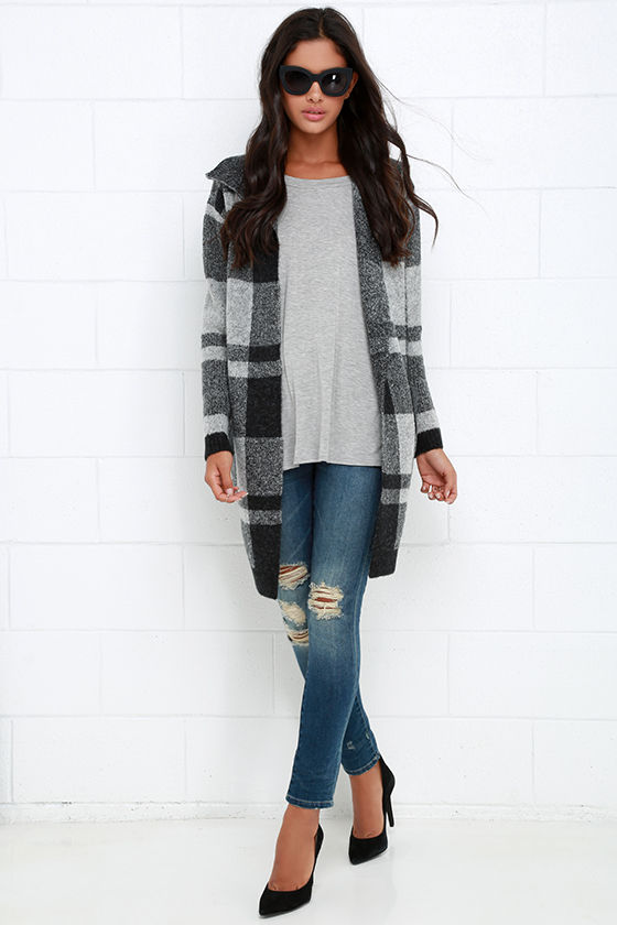 grey plaid cardigan