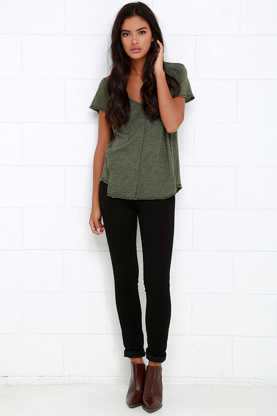 Olive Green Top - V Neck Tee - Short Sleeve Top - $39.00