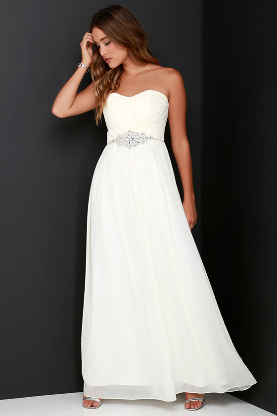 Elegant Cream Maxi Dress - Rhinestone Dress - Strapless Maxi Dress - $109.00 - Lulus