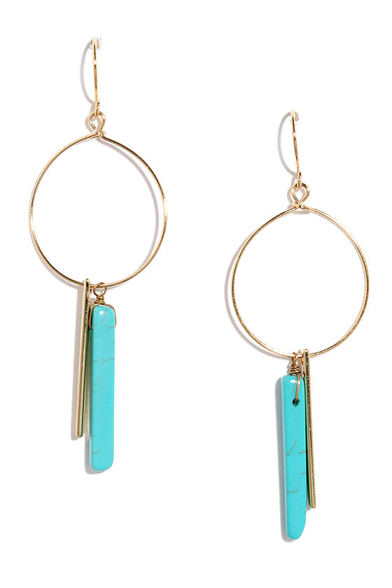 Pretty Gold Earrings - Turquoise Stone Earrings - Hoop Earrings - $16. ...