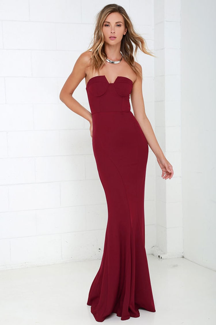 Ladylove Wine Red Strapless Maxi Dress