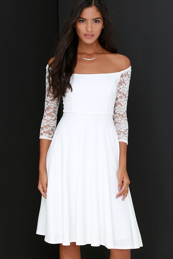 Chic Ivory Dress - Lace Dress - Midi Dress - Half Sleeve Dress - $54.00 ...