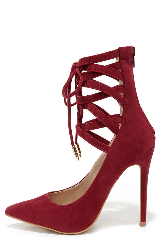 red lace up heels knee high