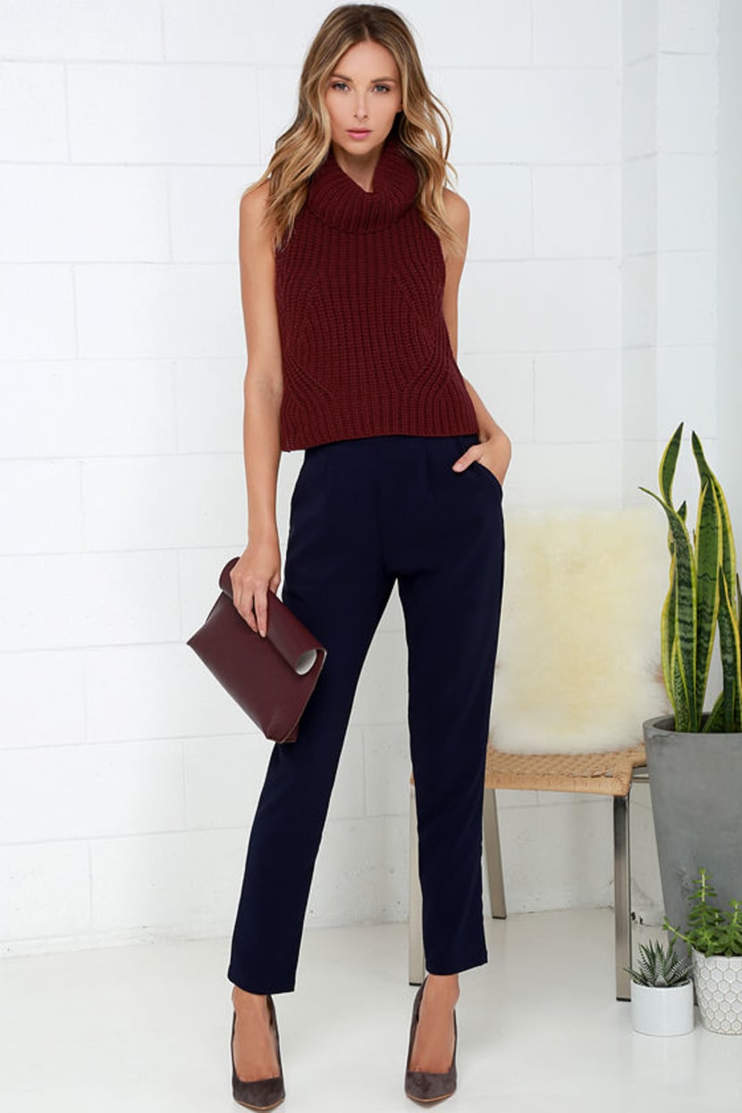 burgundy shirt navy pants