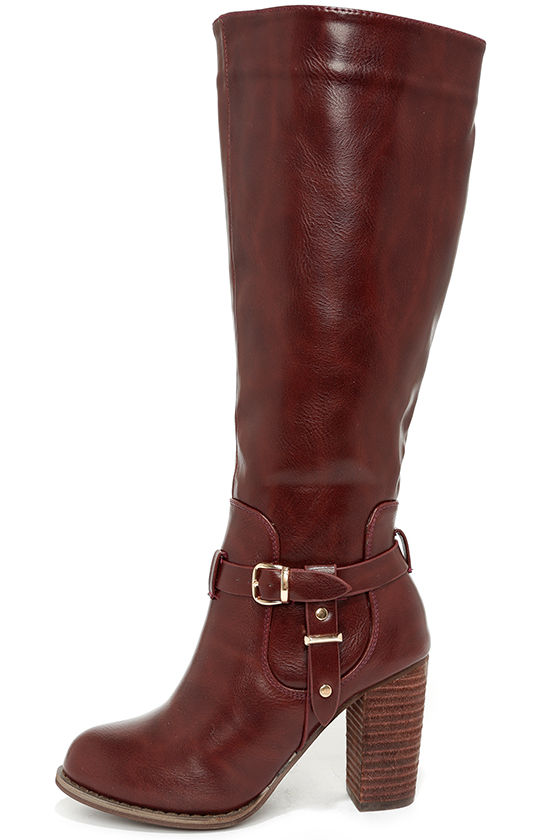 Cool Wine Red Boots Knee High Boots Buckle Boots Vegan Leather