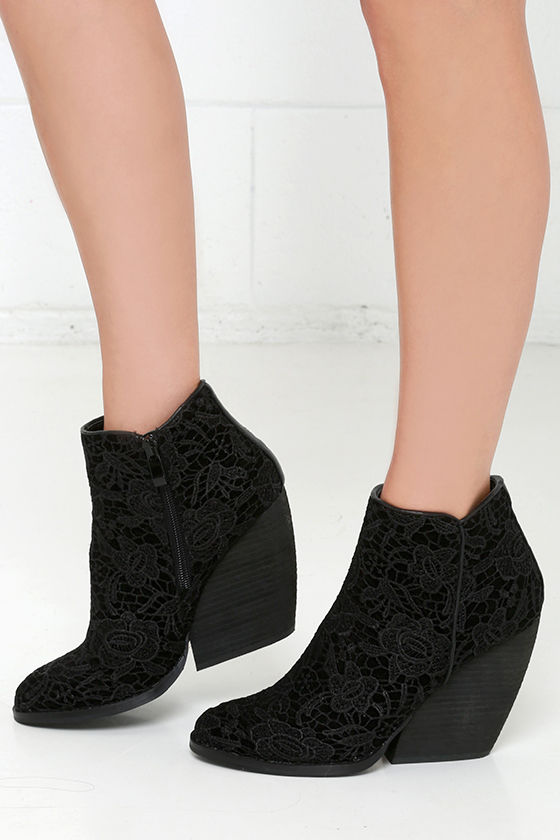 black lace wedge booties