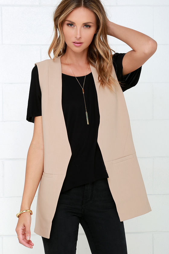 Chic Beige Vest Collarless Vest OpenFront Vest 48.00 Lulus