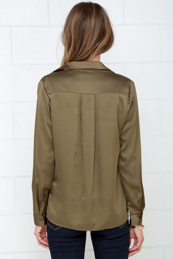Olive Green Top Satin Top Long Sleeve Blouse 37.00