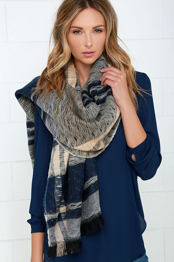 Cool Navy Blue and Beige Plaid Scarf Reversible Scarf Herringbone