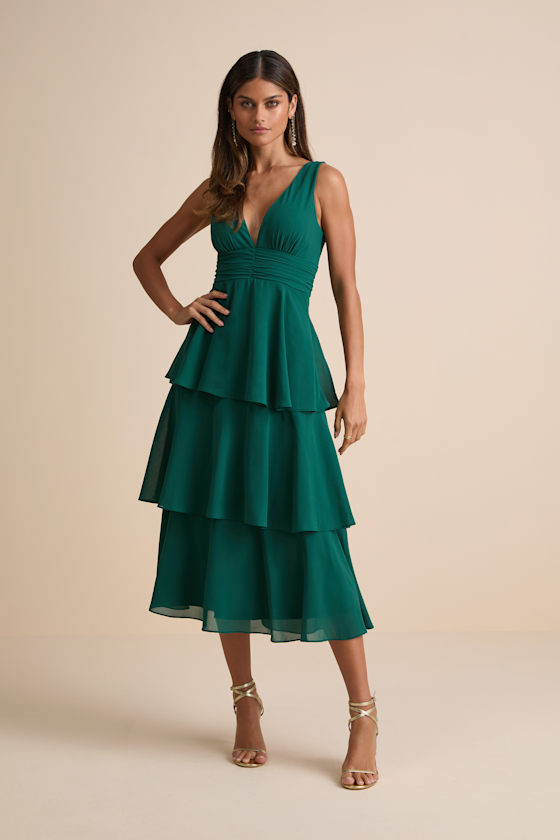 Celebration Time Emerald Green Sleeveless Tiered Midi Dress 2
