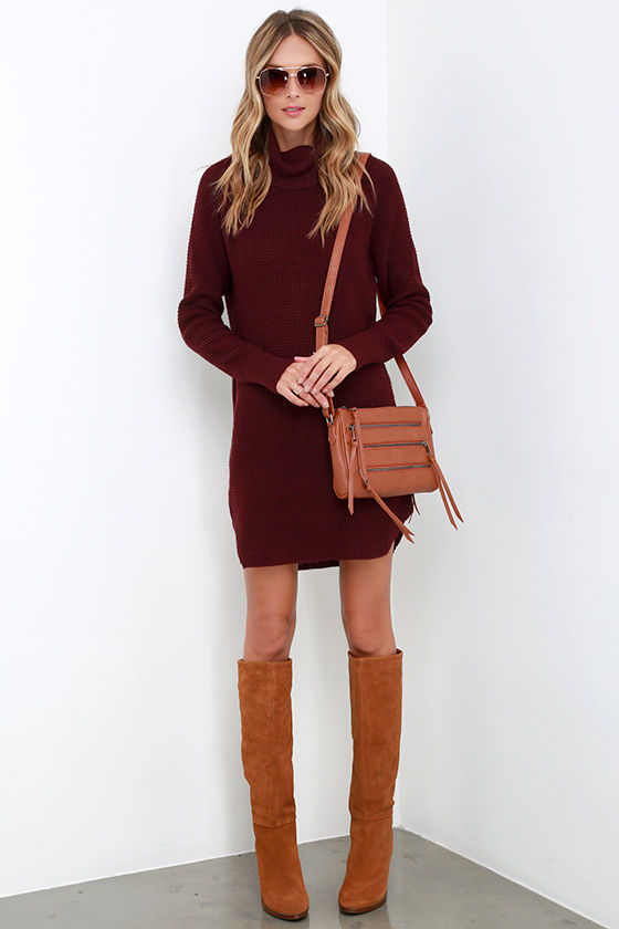burgundy dress with cardigan