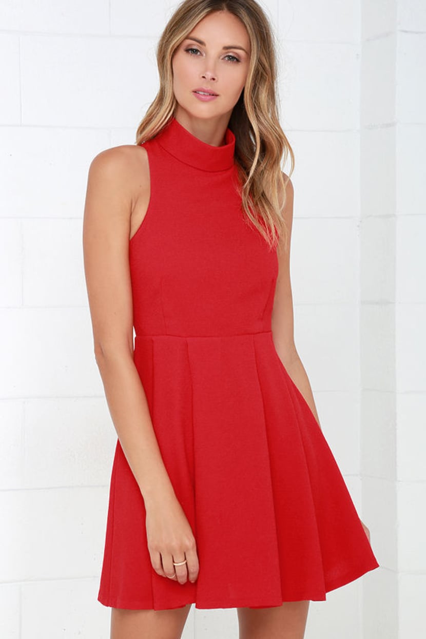 HOT Skater Dress Turtleneck Red Dress Back For More Red Skater