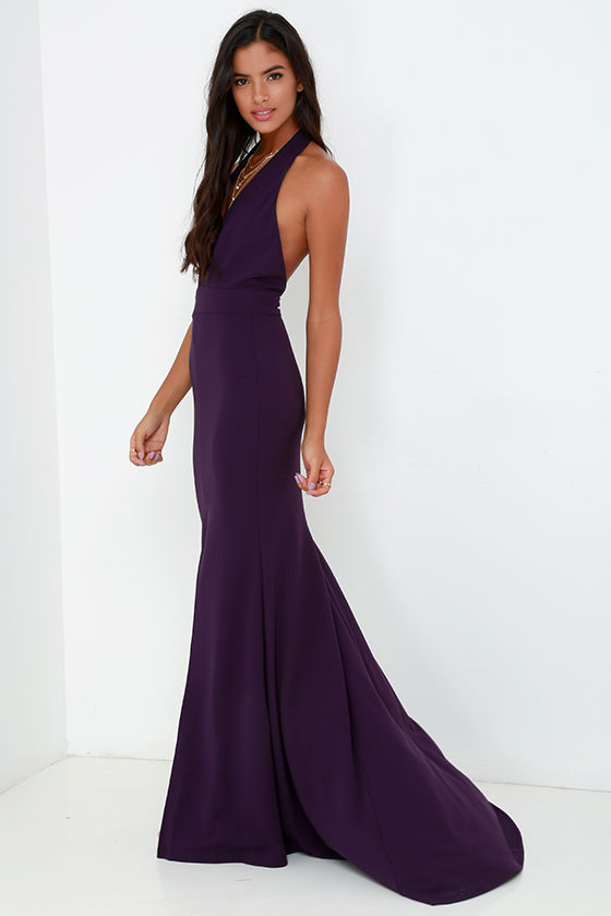 purple halter neck dress