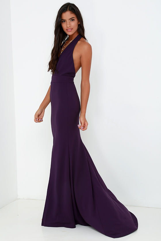 purple satin halter dress