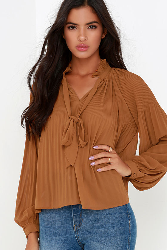 Lovely Tan Blouse Long Sleeve Top Pleated Top 44.00 Lulus