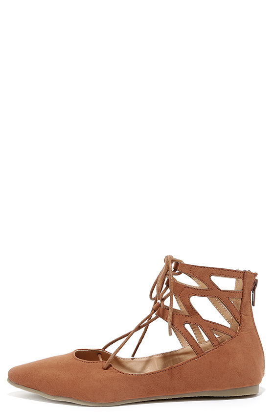 Cute Cognac Flats - Lace-Up Flats - Cutout Flats - $28.00 - Lulus
