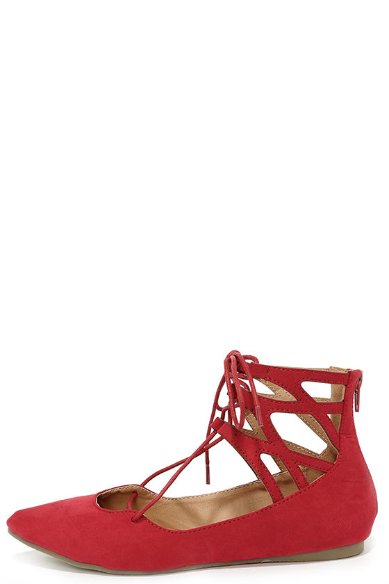 Cute Red Flats - Lace-Up Flats - Cutout 