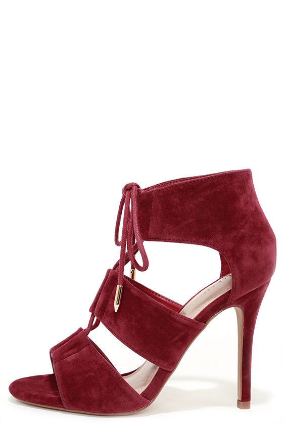 red lace up knee high heels