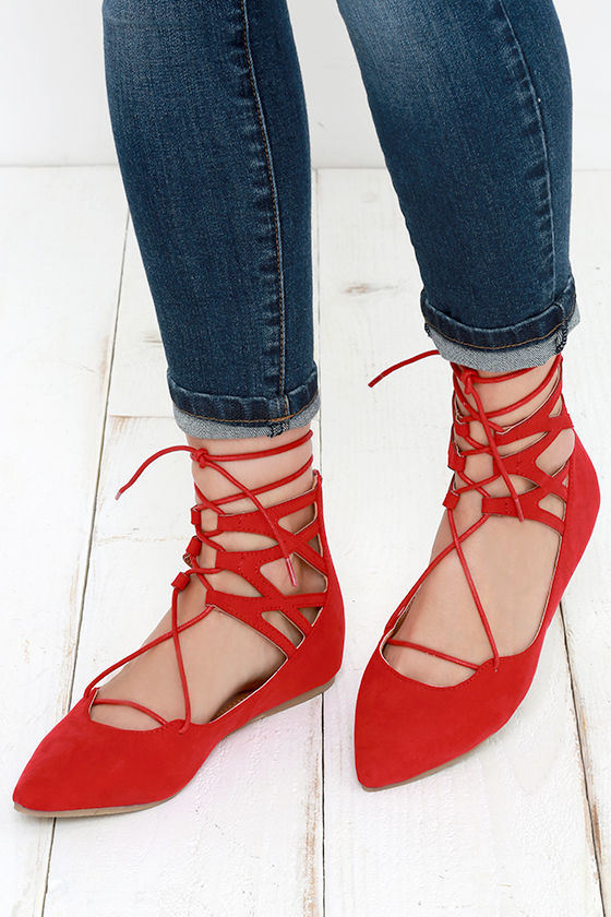 Cute Red Flats - Lace-Up Flats - Cutout Flats - $28.00
