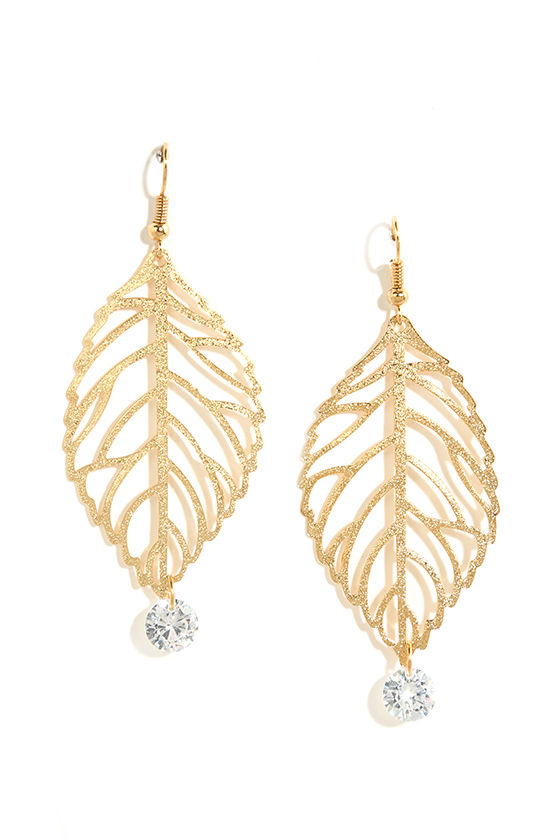 Pretty Gold Earrings - Rhinestone Earrings - Leaf Earrings - $12.00 - Lulus