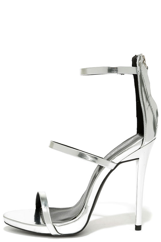 silver three strap heels