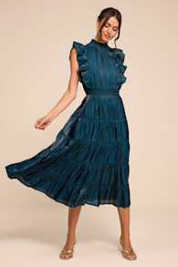 Take a Glance Emerald Green Tiered Mock Neck Midi Dress 2