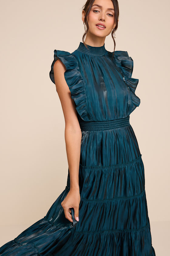 Take a Glance Emerald Green Tiered Mock Neck Midi Dress - thumbnail 2