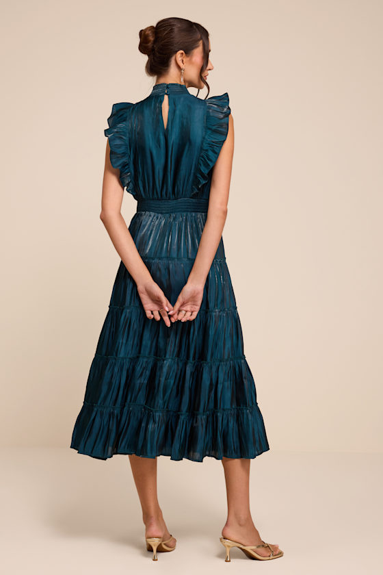 Take a Glance Emerald Green Tiered Mock Neck Midi Dress - thumbnail 3