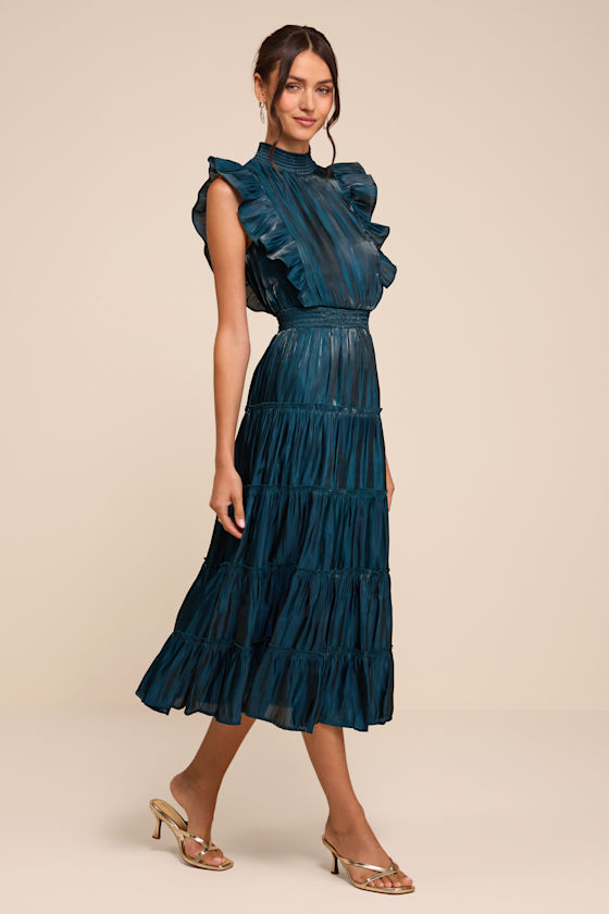 Take a Glance Emerald Green Tiered Mock Neck Midi Dress - thumbnail 4