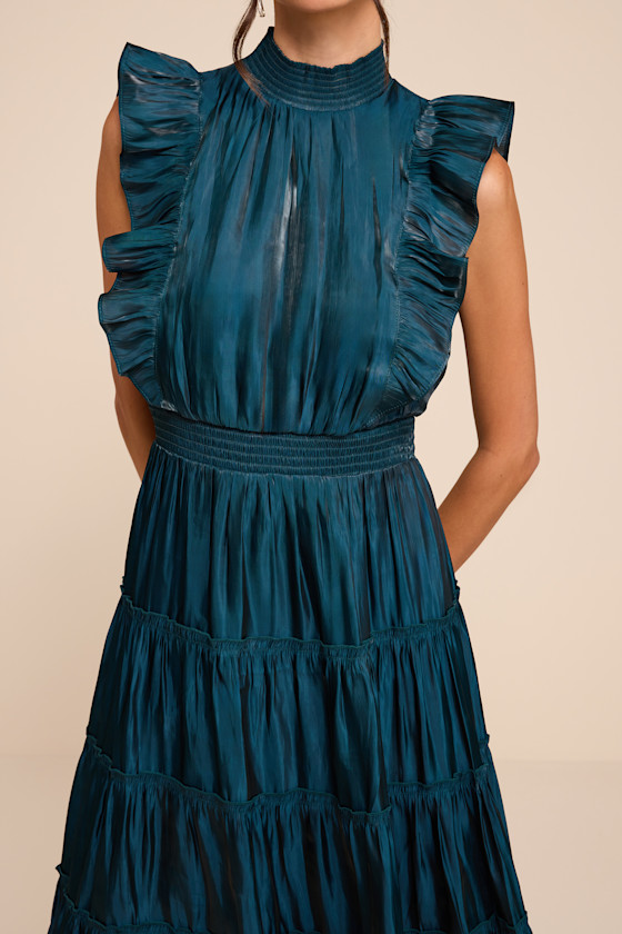 Take a Glance Emerald Green Tiered Mock Neck Midi Dress - thumbnail 5
