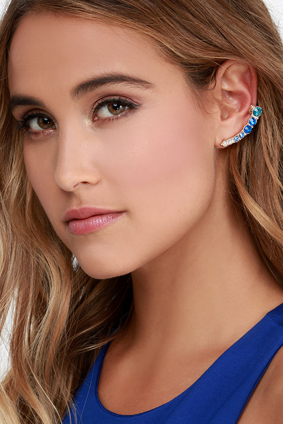 Cool Blue Cuff Earrings - Rhinestone Cuff Earrings - Ombre Earrings ...