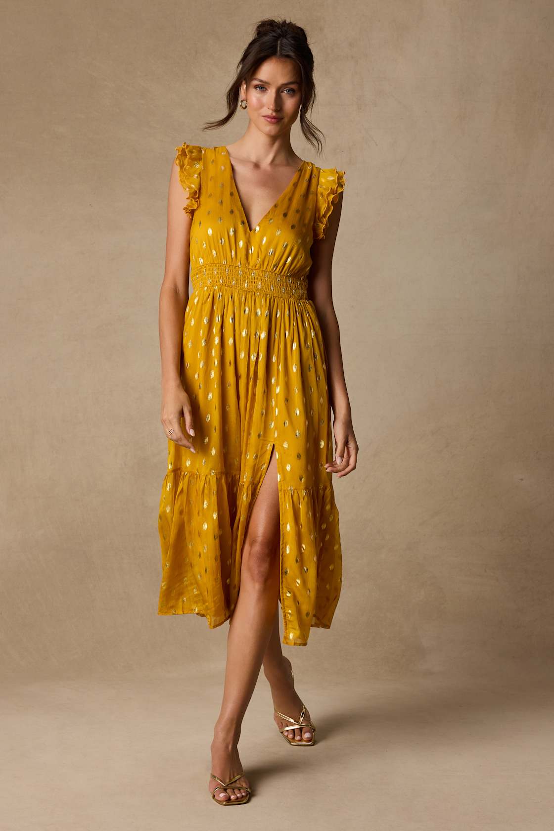Cause to Celebrate Yellow and Gold Dot Ruffled Tiered Midi Dress 2