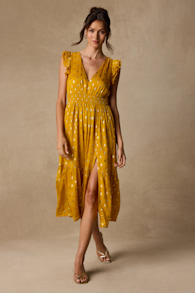 Cause to Celebrate Yellow and Gold Dot Ruffled Tiered Midi Dress 2