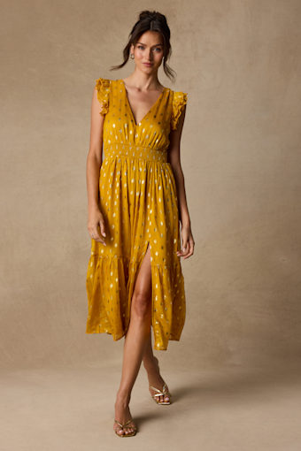 Cause to Celebrate Yellow and Gold Dot Ruffled Tiered Midi Dress 2